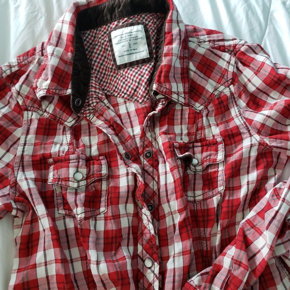 Long Sleeve Plaid Red White Button Up Shirt